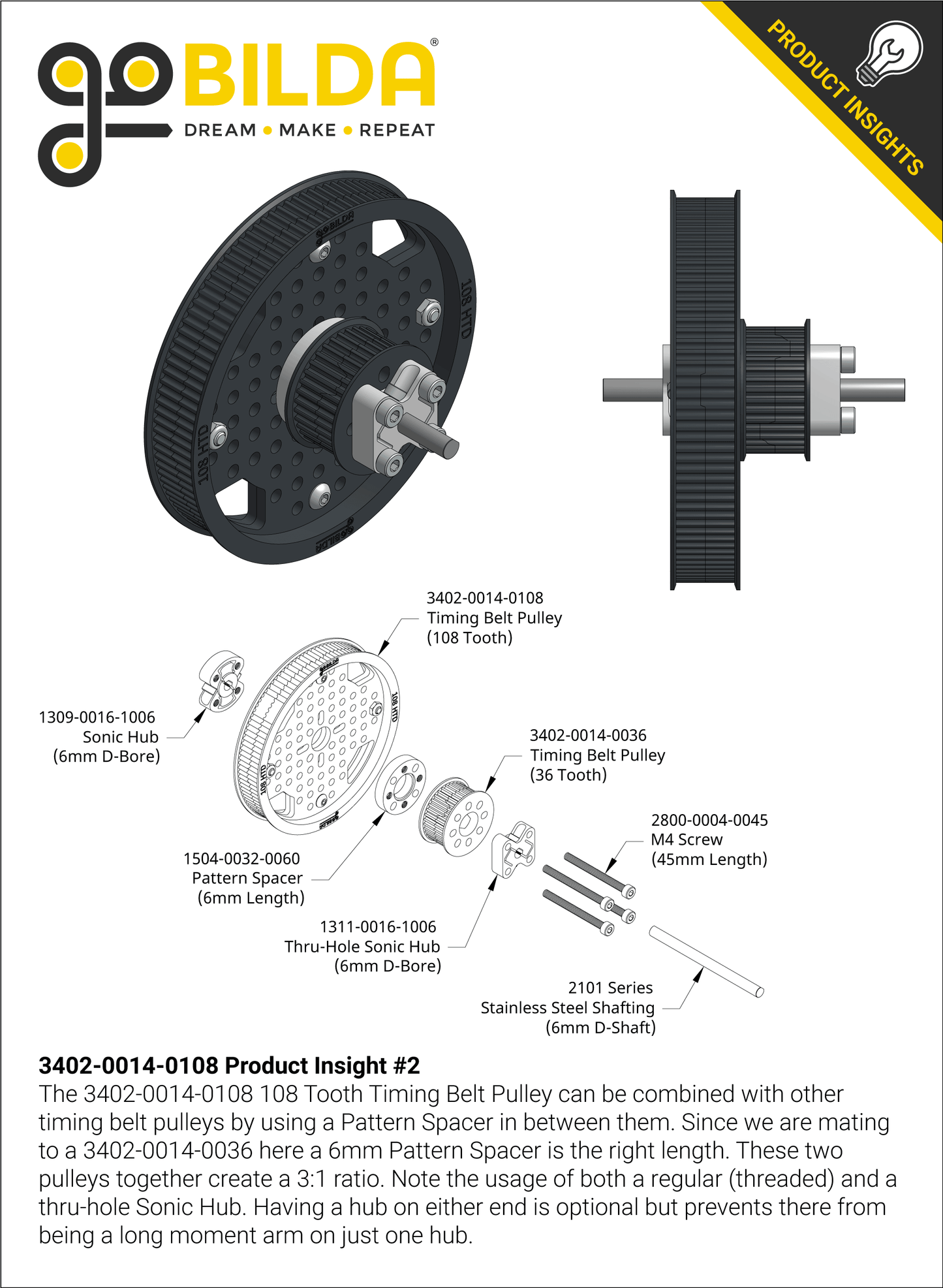 3402 Series 3mm HTD Pitch Plastic Hub Mount Timing Belt Pulley (14mm Bore, 108 Tooth)