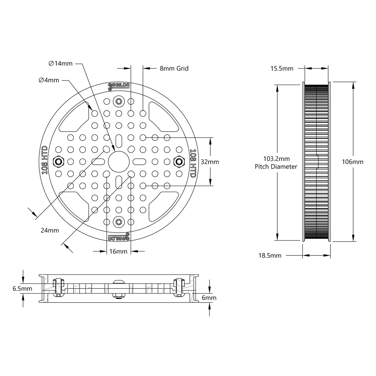 3402 Series 3mm HTD Pitch Plastic Hub Mount Timing Belt Pulley (14mm Bore, 108 Tooth)