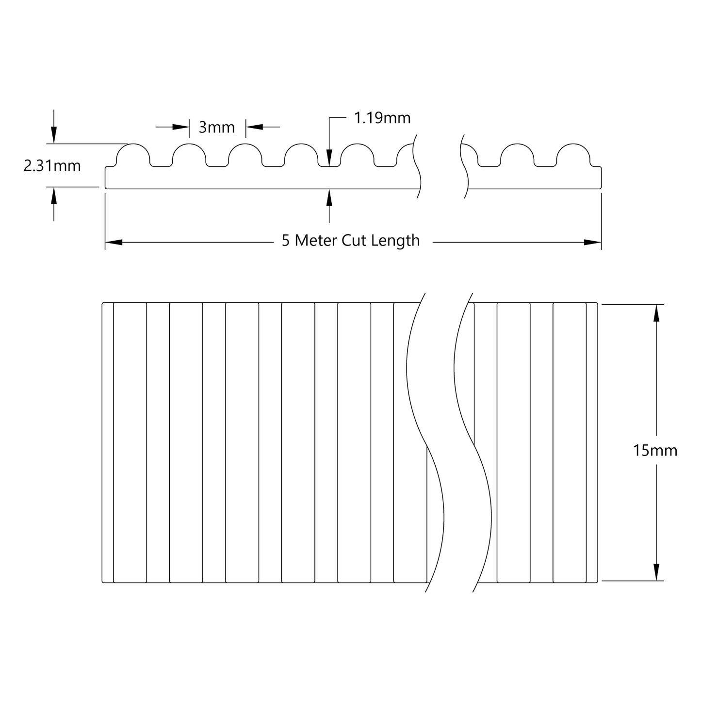 3406 Series 3mm HTD Pitch Timing Belt (15mm Width, 5 Meter Cut-Length)