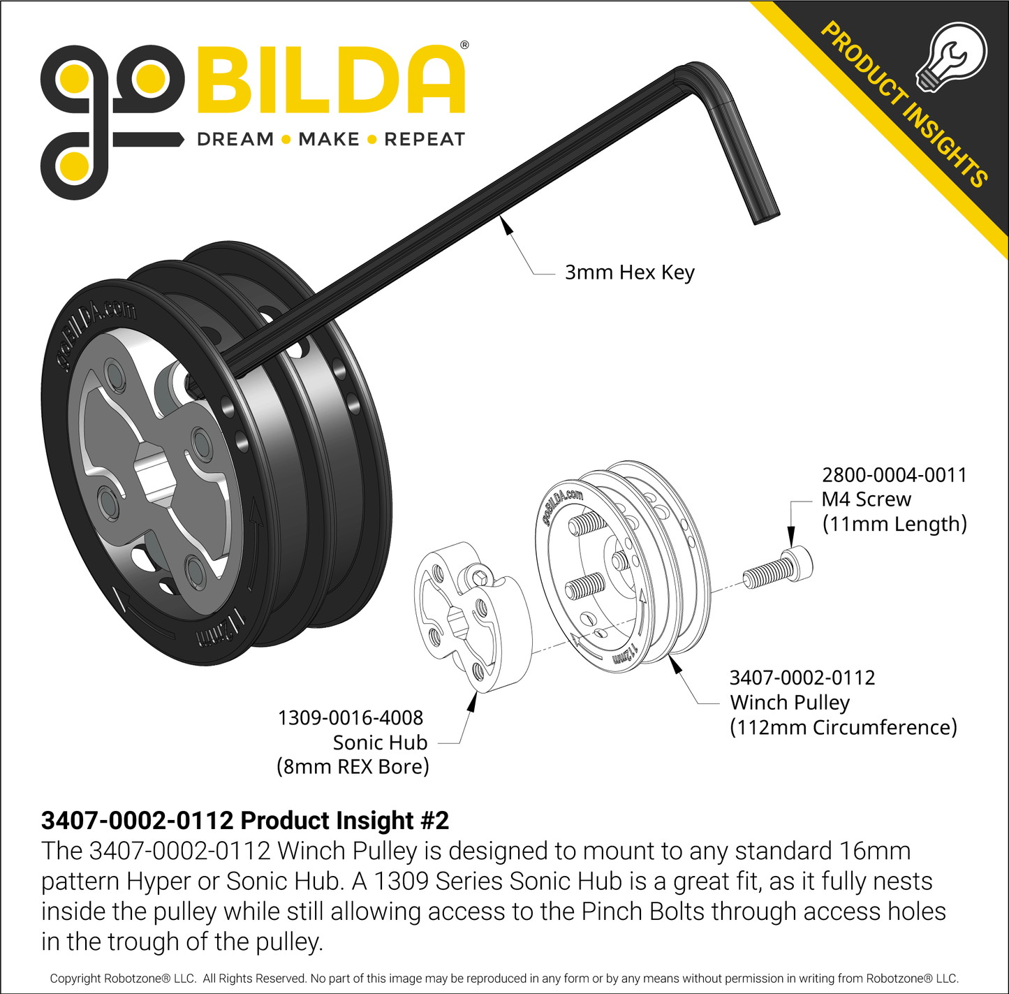 3407 Series Hub-Mount Winch Pulley (Dual Spool, 112mm Circumference)