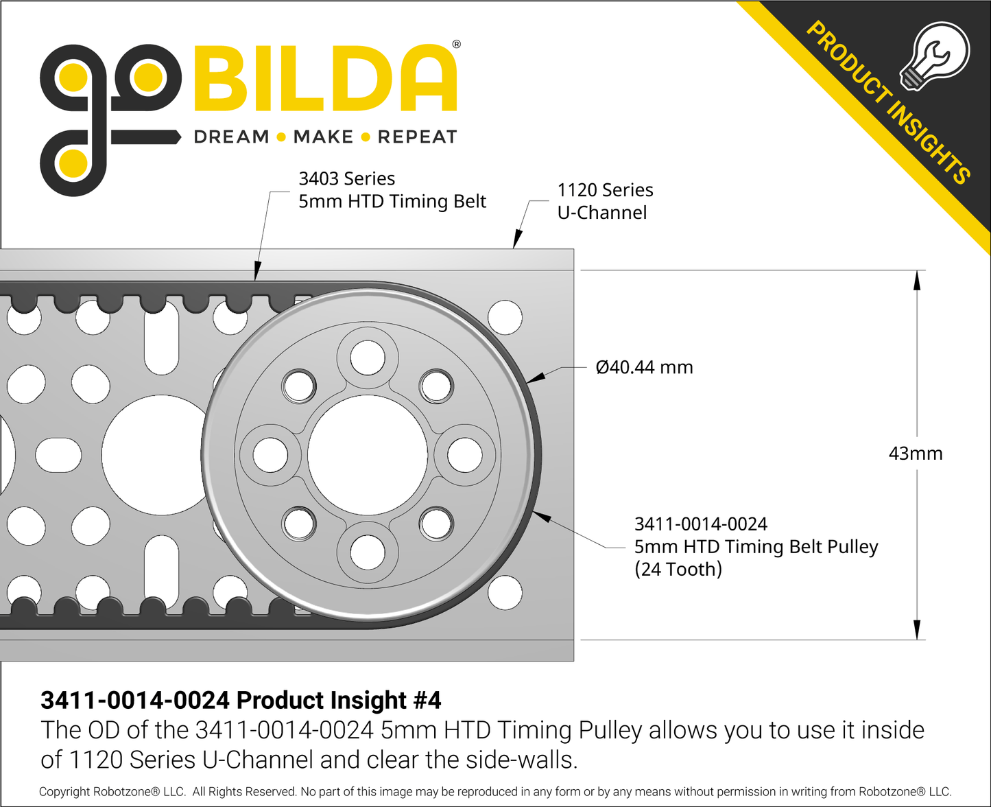 3411 Series 5mm HTD Pitch Aluminum Hub Mount Timing Belt Pulley (14mm Bore, 24 Tooth)