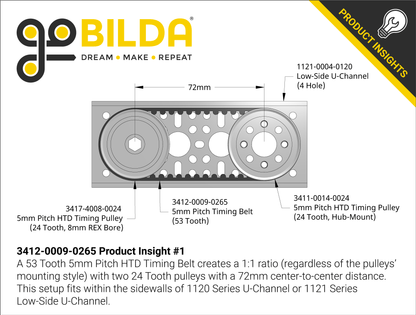 3412 Series 5mm HTD Pitch Timing Belt (9mm Width, 265mm Pitch Length, 53 Tooth)