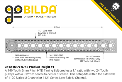 3412 Series 5mm HTD Pitch Timing Belt (9mm Width, 745mm Pitch Length, 149 Tooth)