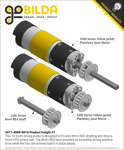 3417 Series 5mm HTD Pitch Set-Screw Pinion Timing Belt Pulley (8mm REX™ Bore, 16 Tooth)