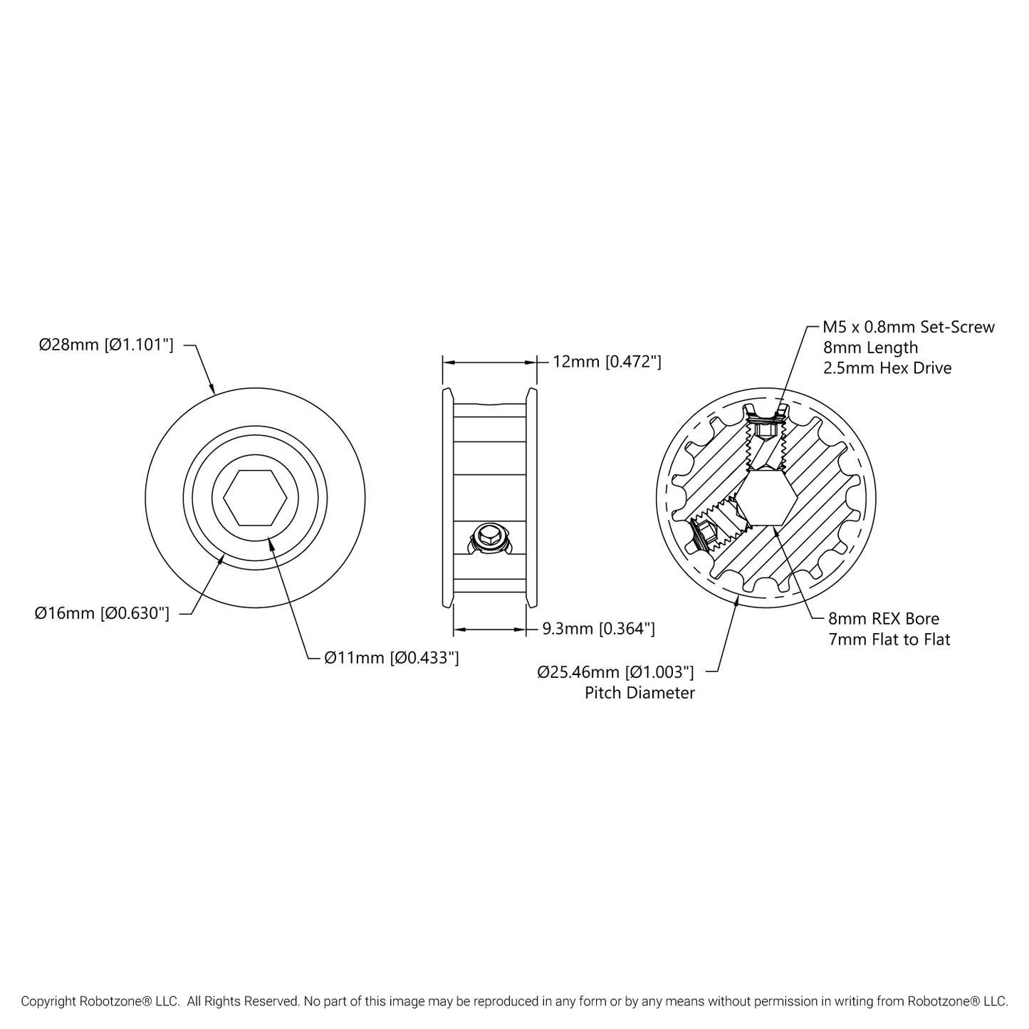 3417 Series 5mm HTD Pitch Set-Screw Pinion Timing Belt Pulley (8mm REX™ Bore, 16 Tooth)