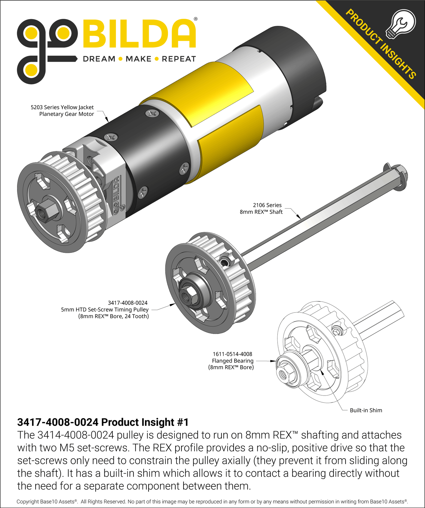 3417 Series 5mm HTD Pitch Set-Screw Pinion Timing Belt Pulley (8mm REX™ Bore, 24 Tooth)