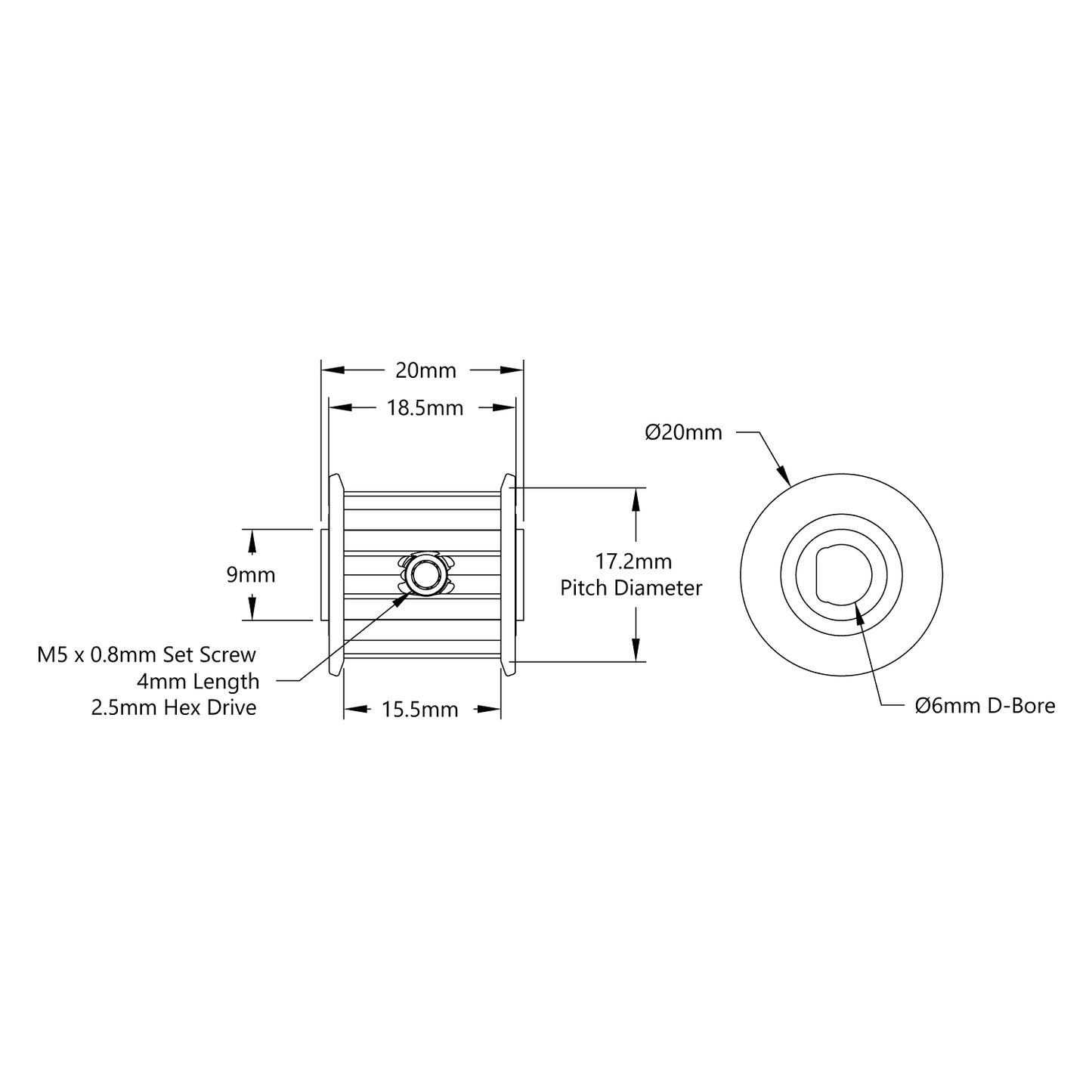 3mm HTD Pitch Set-Screw Pinion Timing Belt Pulley (6mm D-Bore, 18 Tooth)