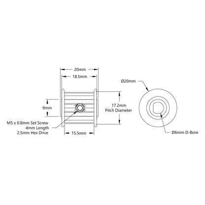 3mm HTD Pitch Set-Screw Pinion Timing Belt Pulley (6mm D-Bore, 18 Tooth)