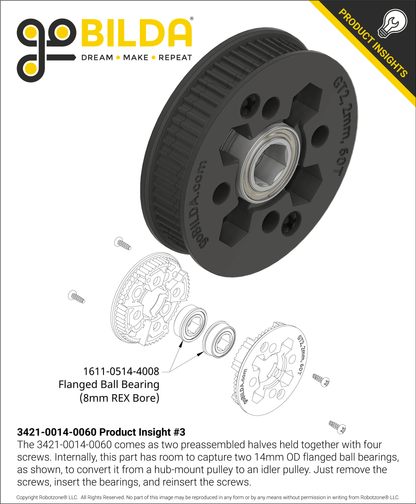 2mm Pitch GT2 Hub-Mount Timing Belt Pulley (14mm Bore, 60 Tooth)