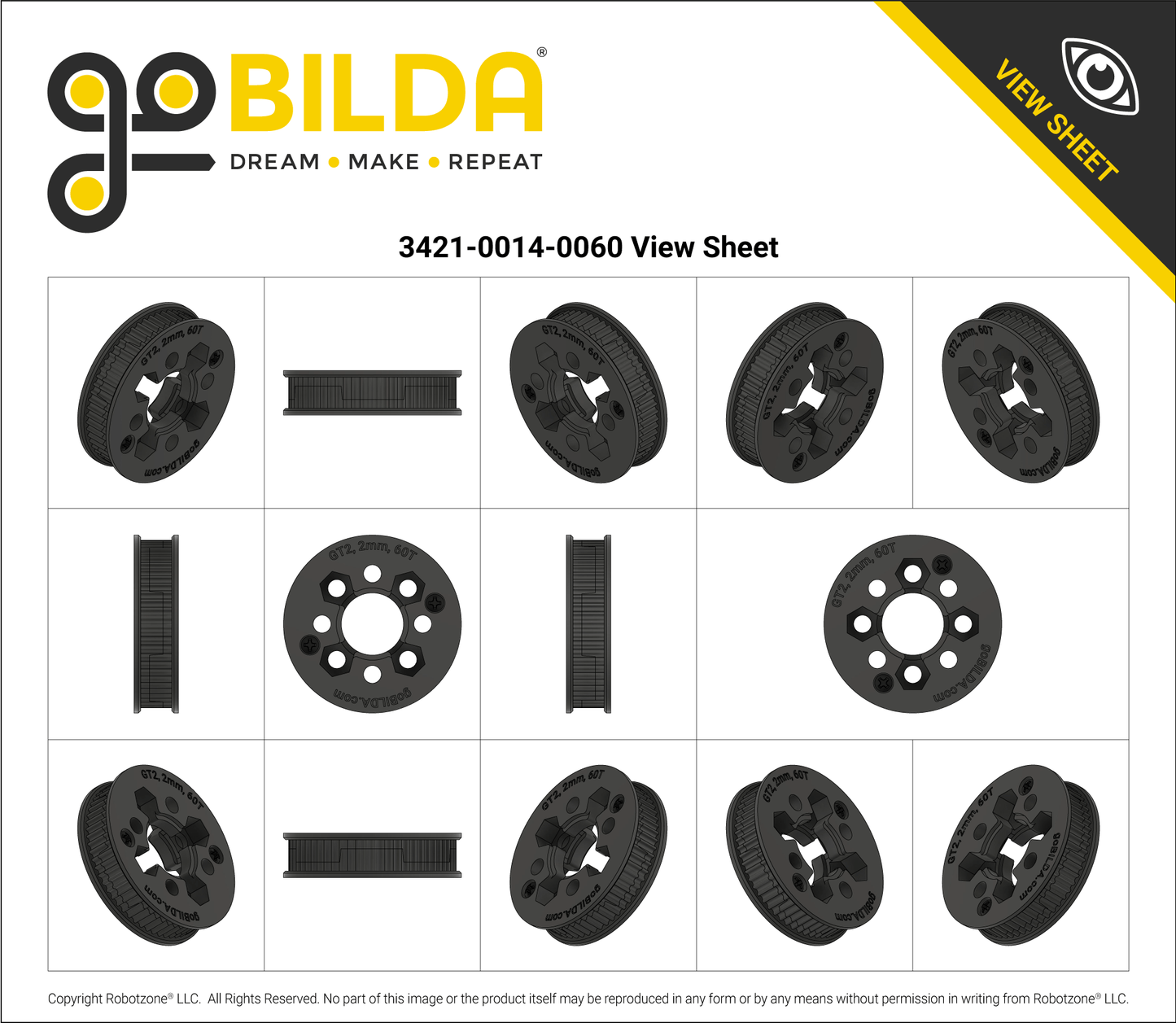 2mm Pitch GT2 Hub-Mount Timing Belt Pulley (14mm Bore, 60 Tooth)