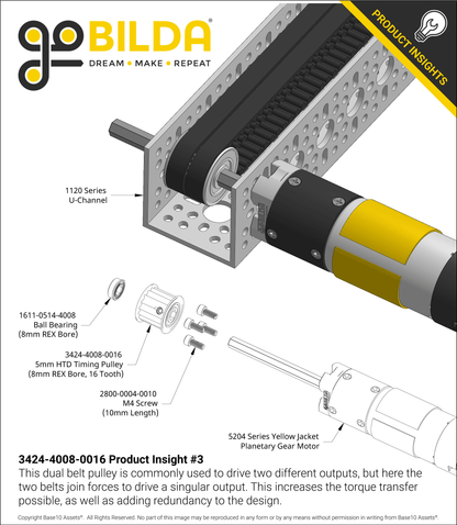 Dual Belt, 5mm HTD Pitch, Set-Screw Pinion Timing Belt Pulley (8mm REX Bore, 16 Tooth)