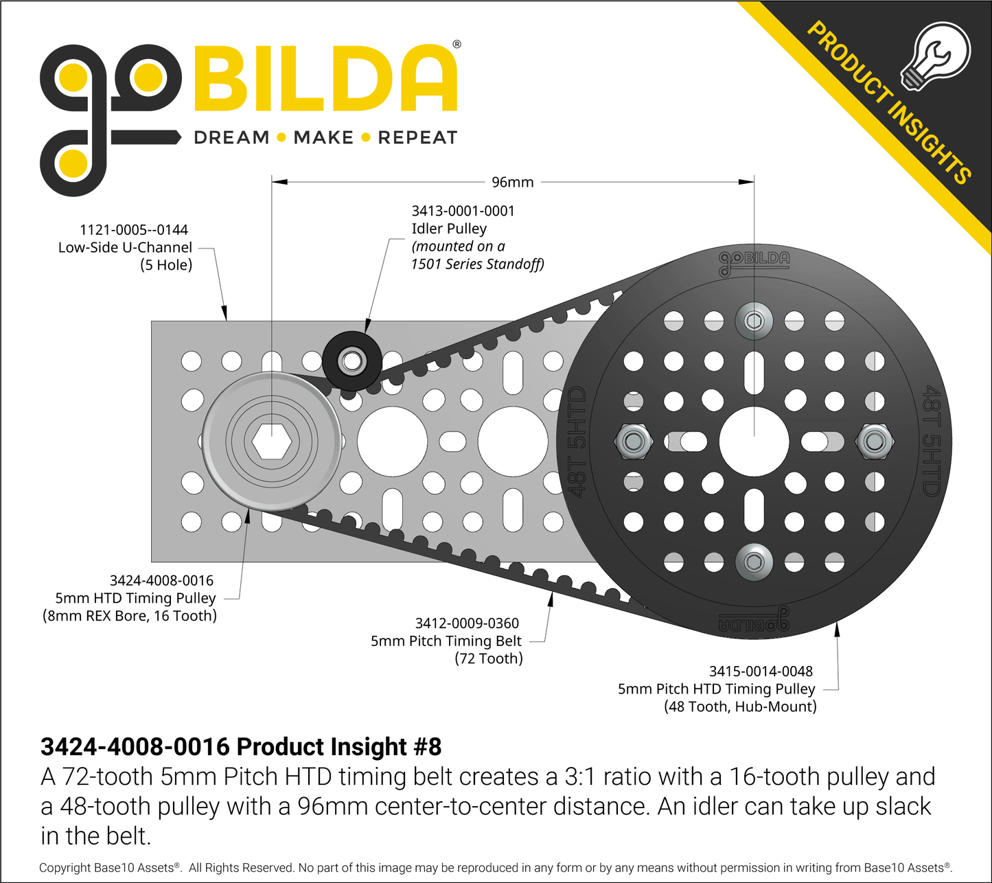 Dual Belt, 5mm HTD Pitch, Set-Screw Pinion Timing Belt Pulley (8mm REX Bore, 16 Tooth)