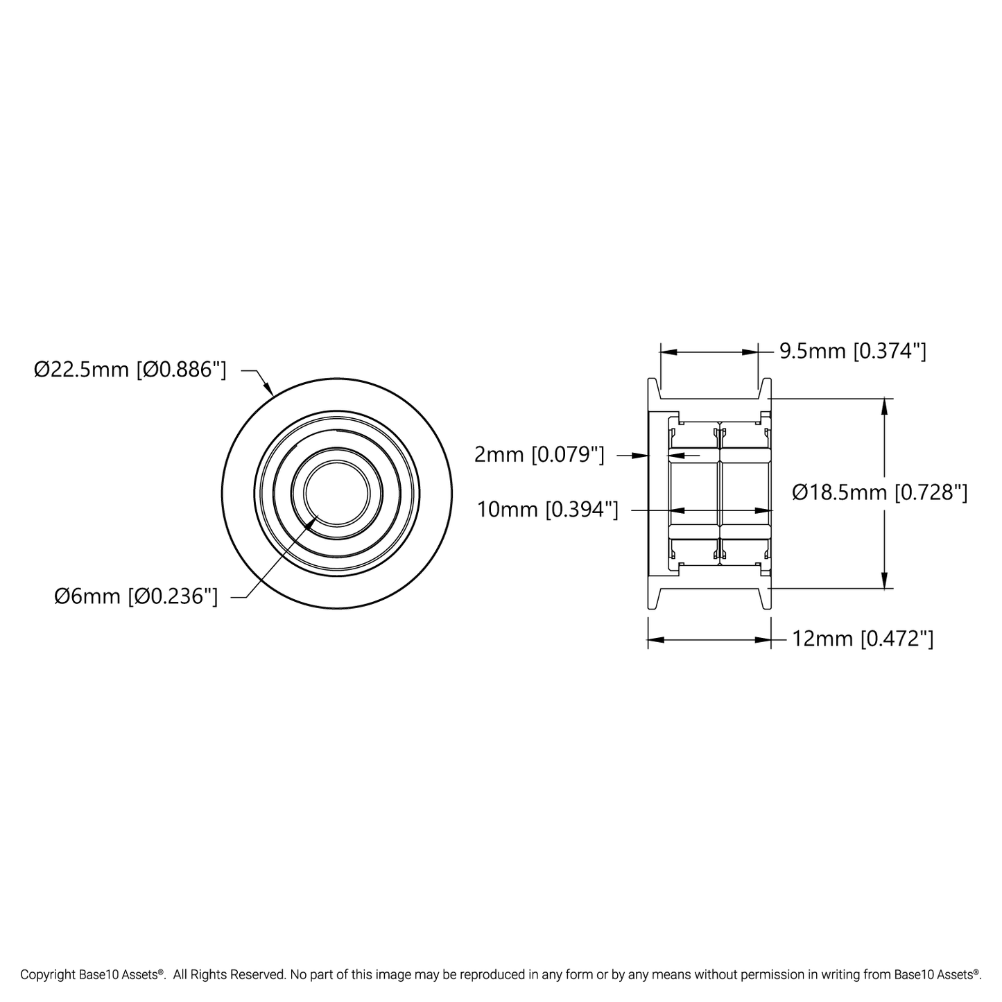 Dual-Bearing Timing Belt Idler Pulley (6mm Bore, 18.5mm Diameter, 9.5mm Inside Width)