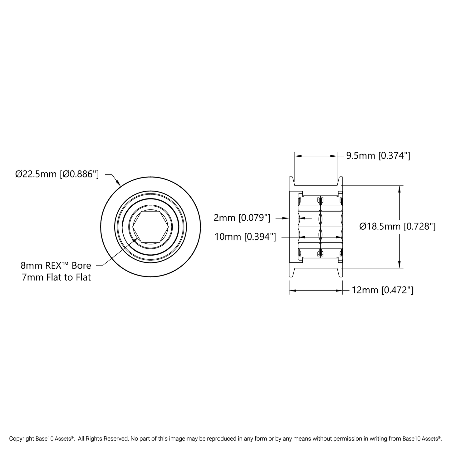 Dual-Bearing Timing Belt Idler Pulley (8mm REX™ Bore, 18.5mm Diameter, 9.5mm Inside Width)