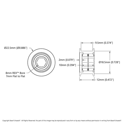 Dual-Bearing Timing Belt Idler Pulley (8mm REX™ Bore, 18.5mm Diameter, 9.5mm Inside Width)