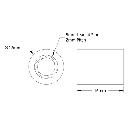 3500 Series Lead Screw Barrel Nut (8mm Lead, 4 Start, 12mm OD, 16mm Length)