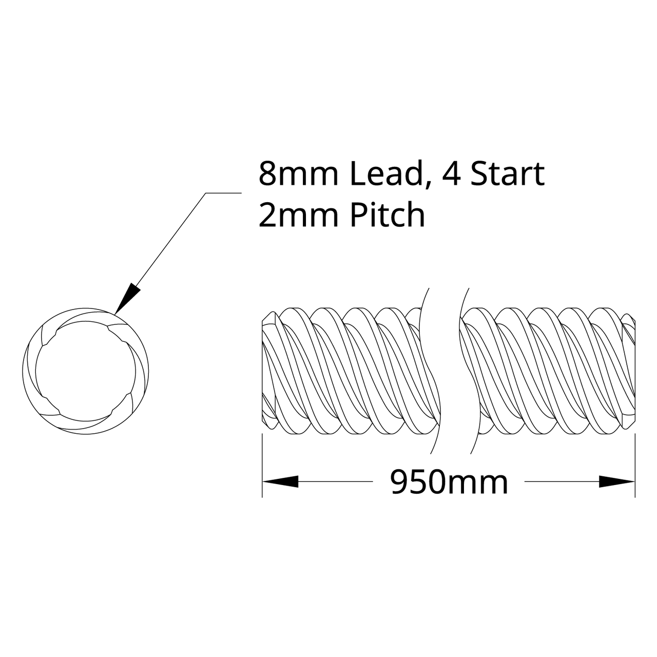 3501 Series Lead Screw (8mm Lead, 4 Start, 950mm Length)