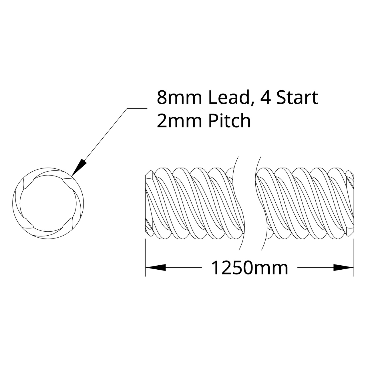 3501 Series Lead Screw (8mm Lead, 4 Start, 1250mm Length)