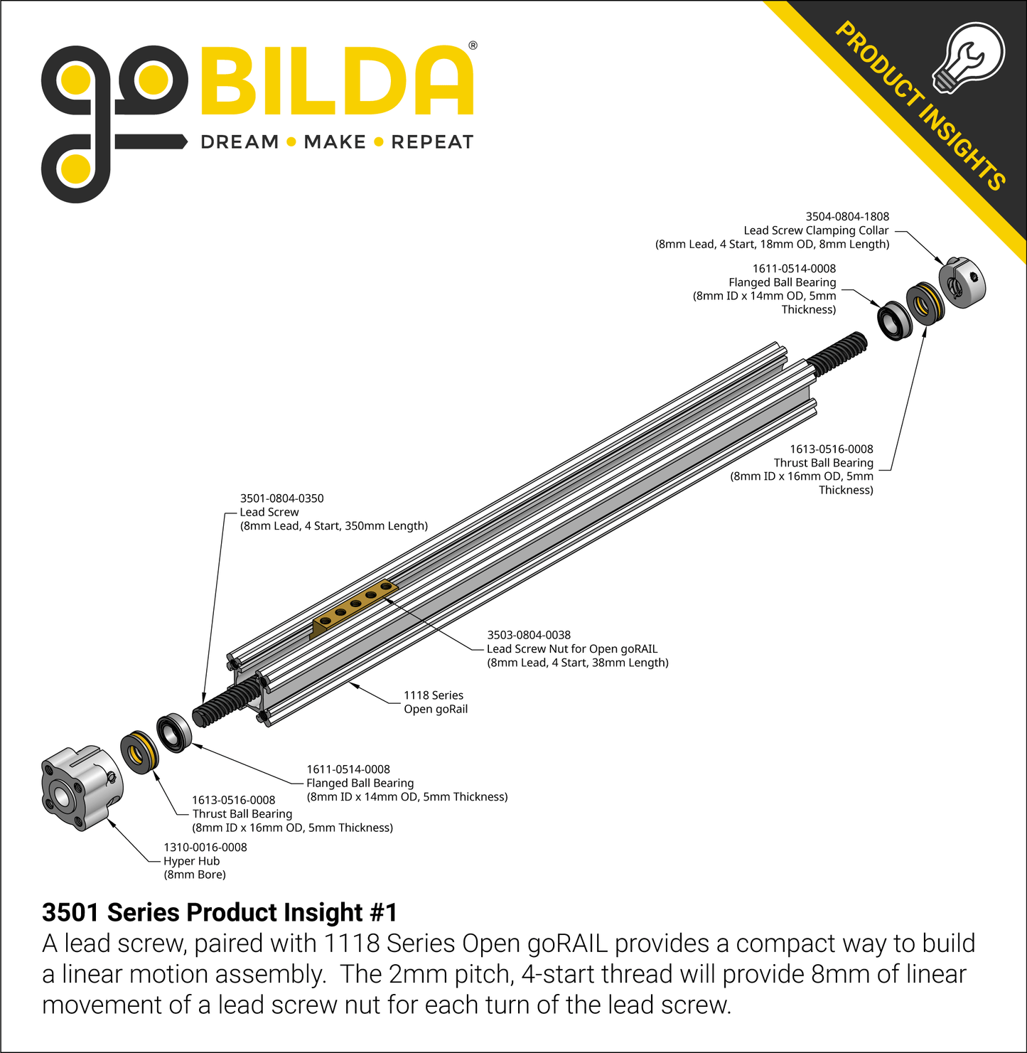 3501 Series Lead Screw (8mm Lead, 4 Start, 100mm Length)