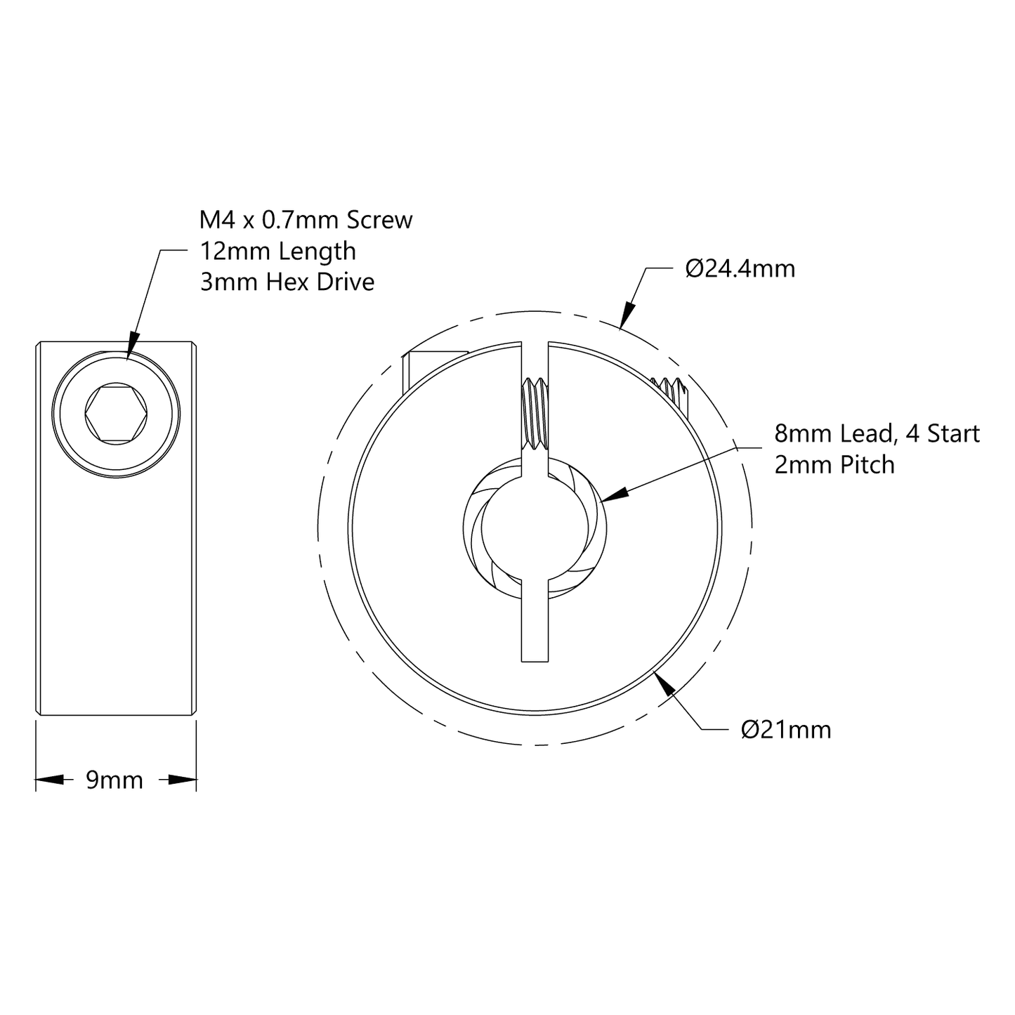 3504 Series Lead Screw Clamping Collar (8mm Lead, 4 Start, 21mm OD, 9mm Length)