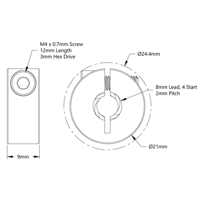 3504 Series Lead Screw Clamping Collar (8mm Lead, 4 Start, 21mm OD, 9mm Length)