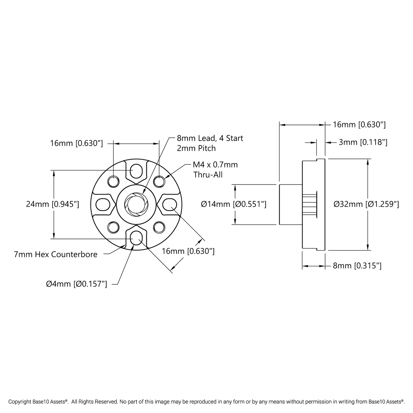 3505 Series Lead Screw Pattern Nut (8mm Lead, 4 Start, 32mm OD, 16mm Length)