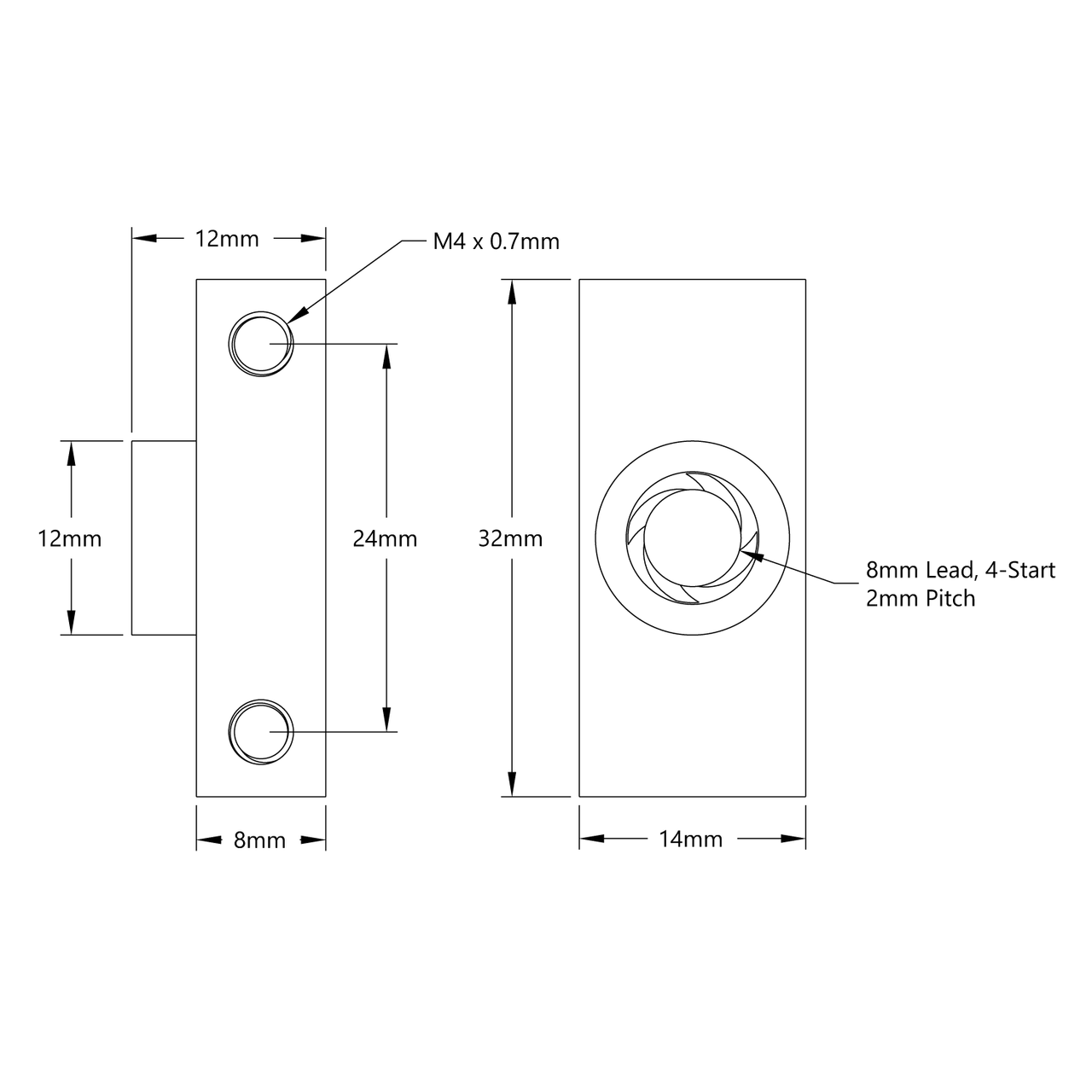 3508 Series Lead Screw Nut for V-Guide (8mm Lead, 4 Start, 14mm Width, 32mm Height)