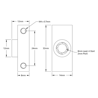 3508 Series Lead Screw Nut for V-Guide (8mm Lead, 4 Start, 14mm Width, 32mm Height)