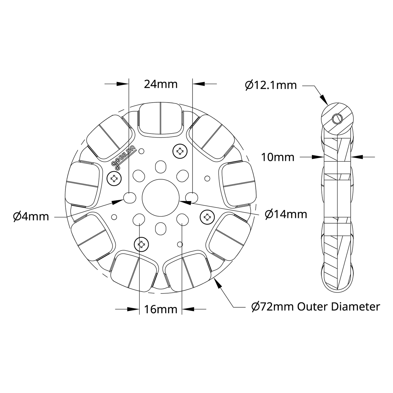 3604 Series Omni Wheel (14mm Bore, 72mm Diameter)