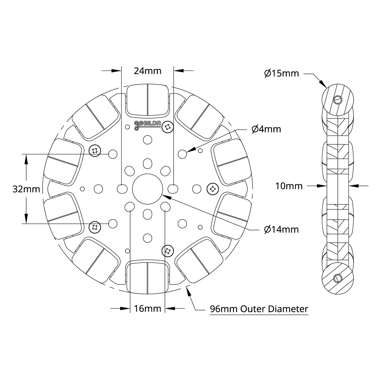 3604 Series Omni Wheel (14mm Bore, 96mm Diameter)