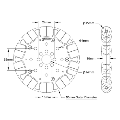 3604 Series Omni Wheel (14mm Bore, 96mm Diameter)