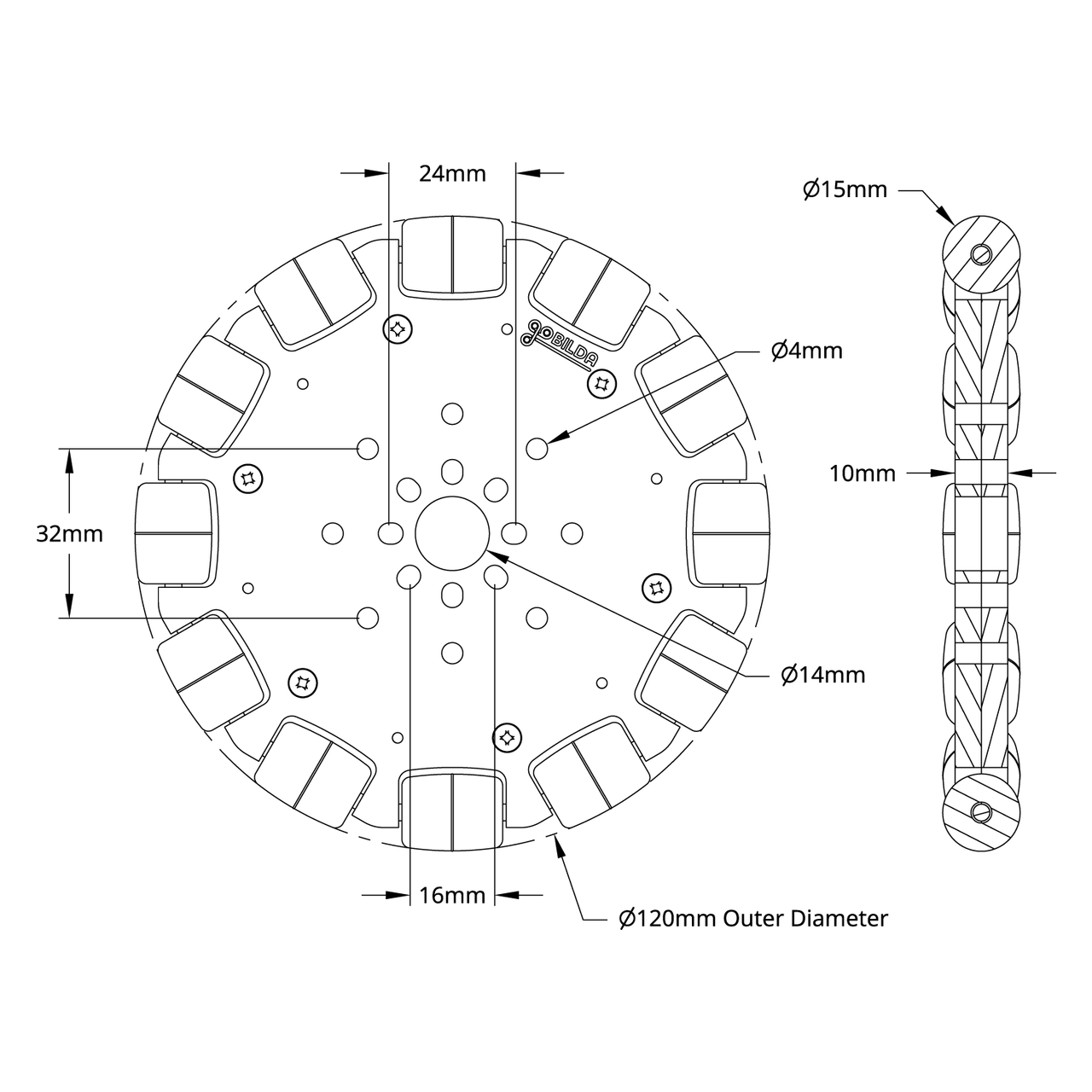 3604 Series Omni Wheel (14mm Bore, 120mm Diameter)