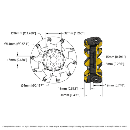 96mm Mecanum Wheel Set (70A Durometer Bearing Supported Rollers)