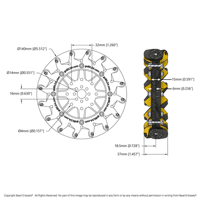 140mm Mecanum Wheel Set (70A Durometer Bearing Supported Rollers)