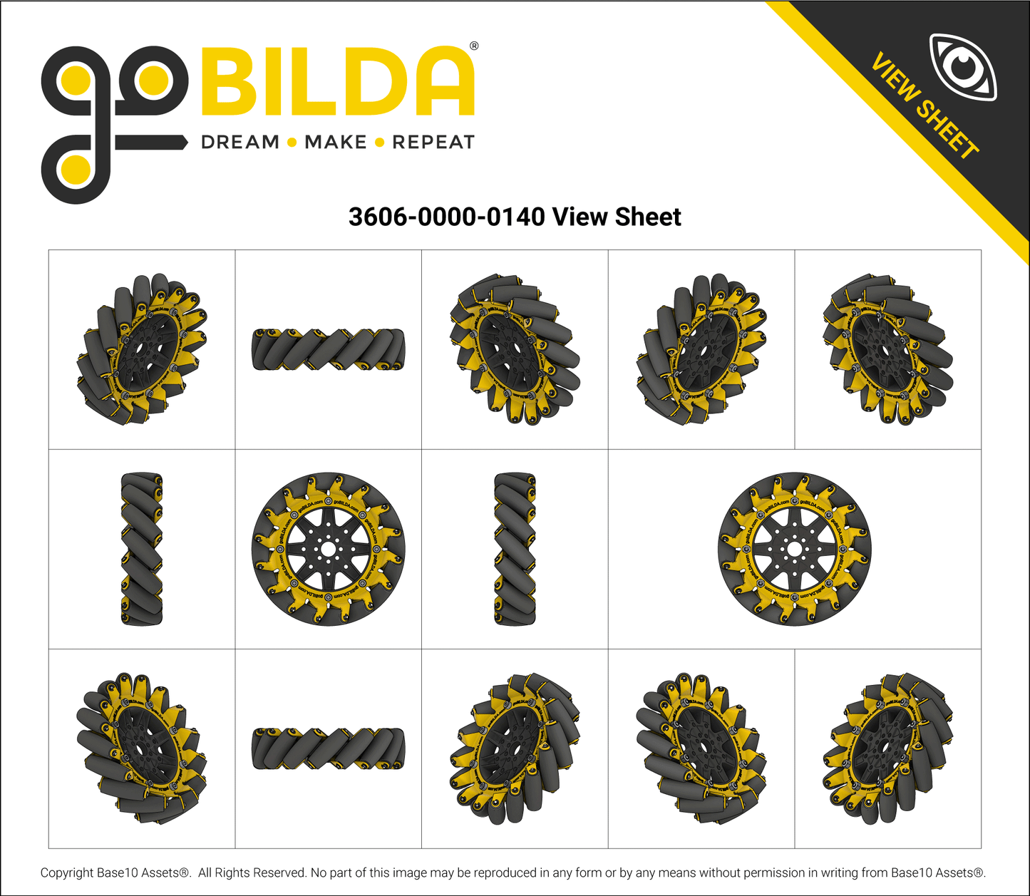 140mm Mecanum Wheel Set (70A Durometer Bearing Supported Rollers)