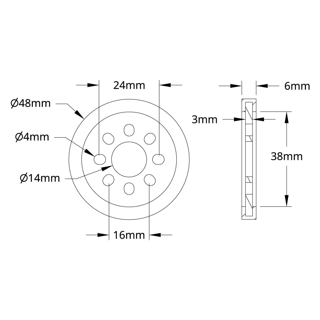 3607 Series Disc Wheel (14mm Bore, 48mm Diameter, Black) - 2 Pack