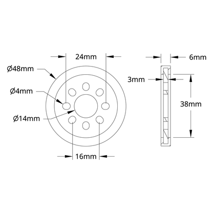 3607 Series Disc Wheel (14mm Bore, 48mm Diameter, Black) - 2 Pack