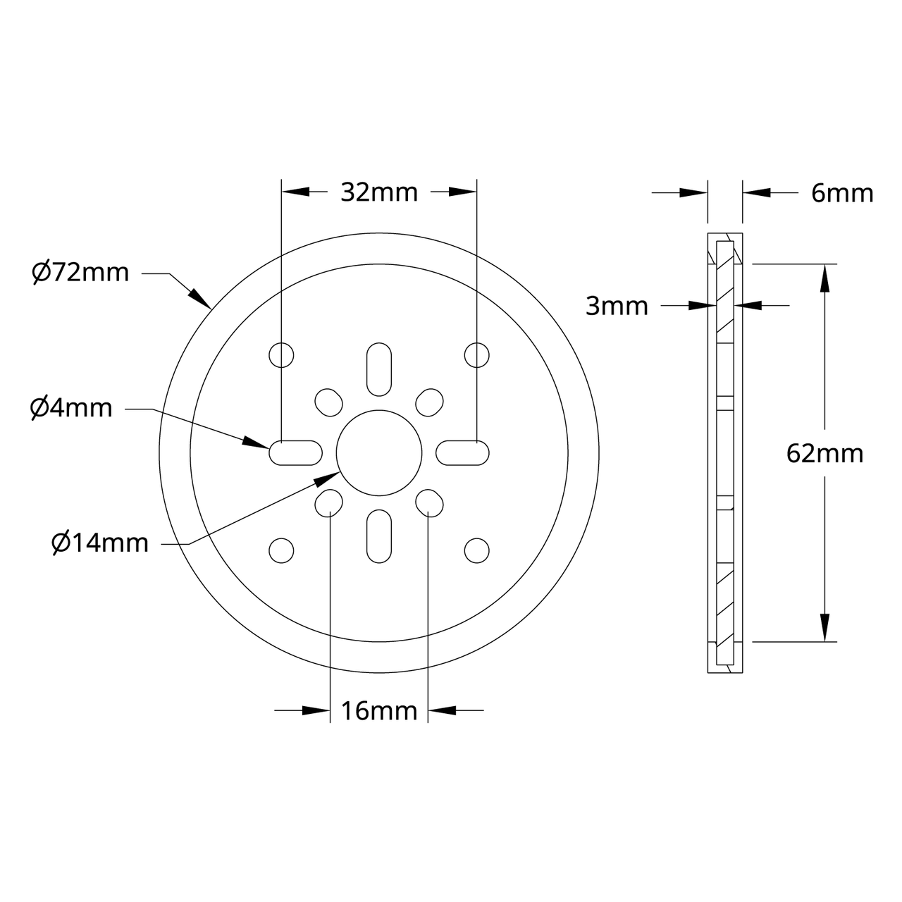 3607 Series Disc Wheel (14mm Bore, 72mm Diameter, Black) - 2 Pack