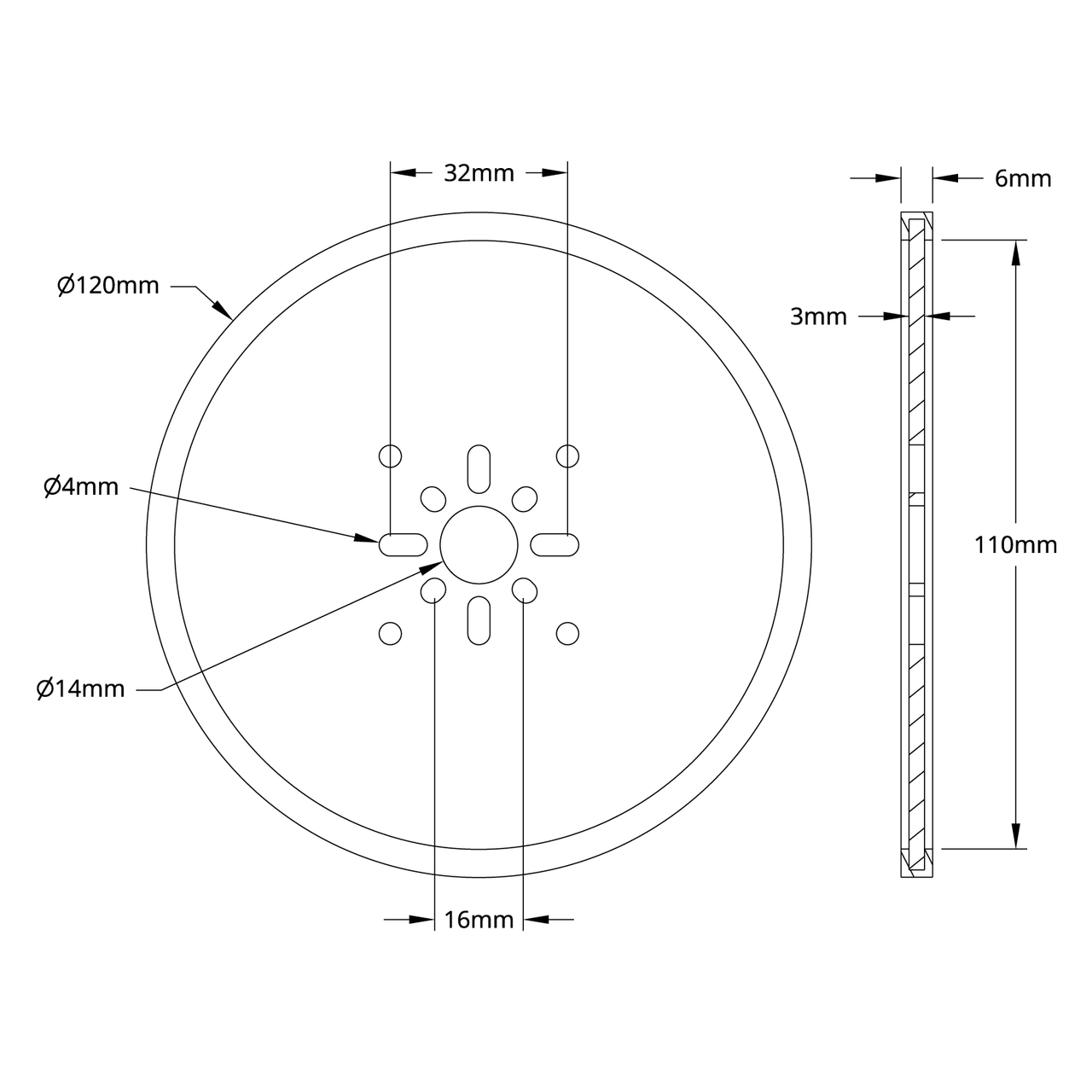 3607 Series Disc Wheel (14mm Bore, 120mm Diameter, Black) - 2 Pack