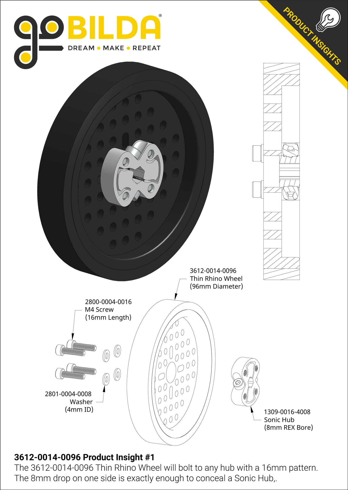 3612 Series Thin Rhino Wheel (14mm Bore, 96mm Diameter)