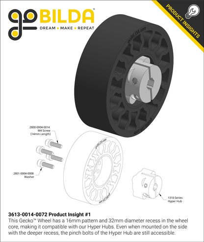 3613 Series Gecko® Wheel (14mm Bore, 72mm Diameter)