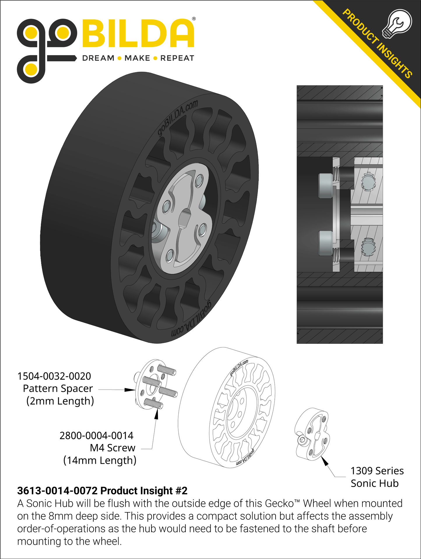 3613 Series Gecko® Wheel (14mm Bore, 72mm Diameter)