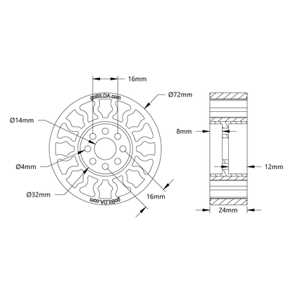 3613 Series Gecko® Wheel (14mm Bore, 72mm Diameter)