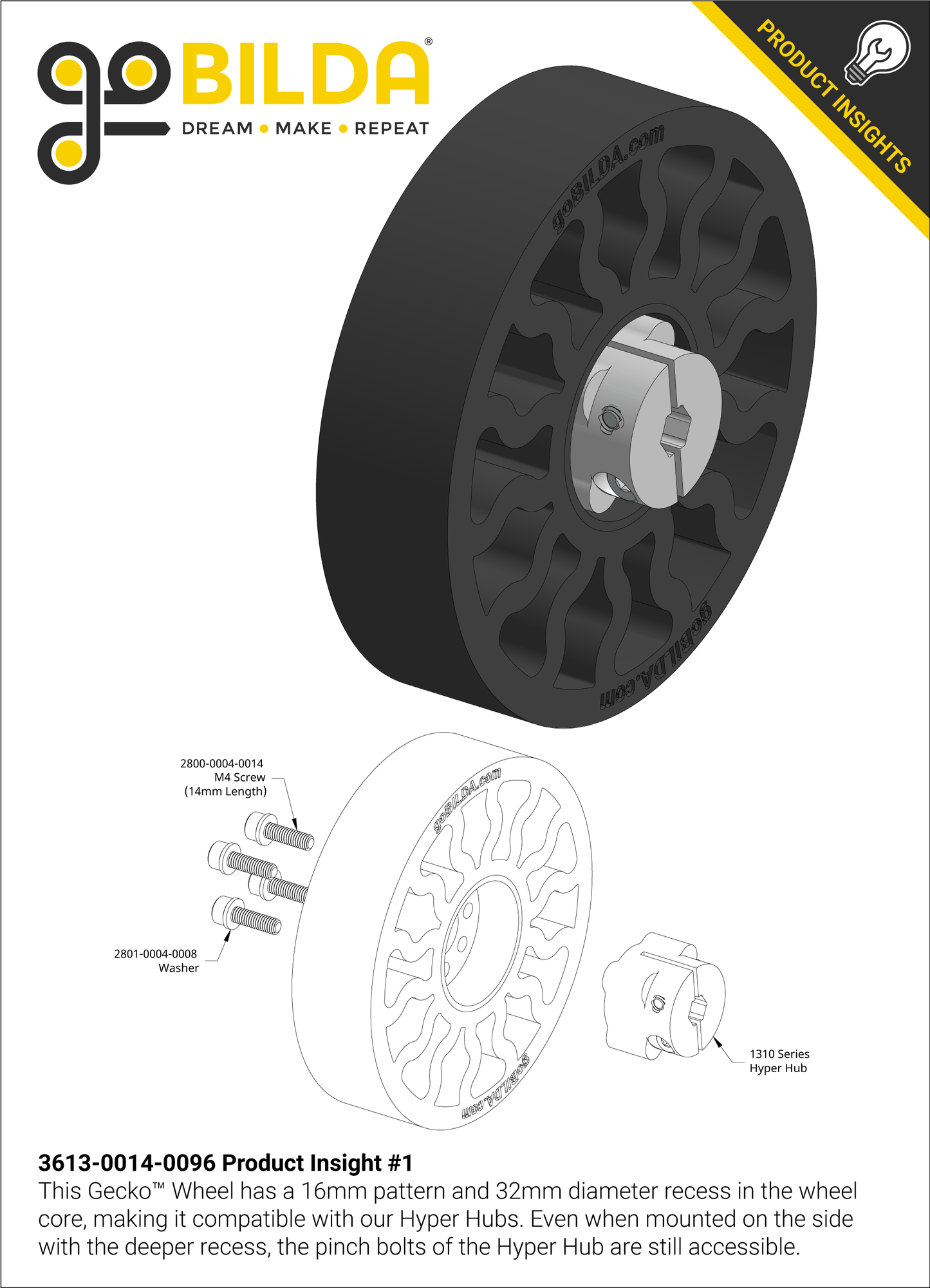 3613 Series Gecko® Wheel (14mm Bore, 96mm Diameter)