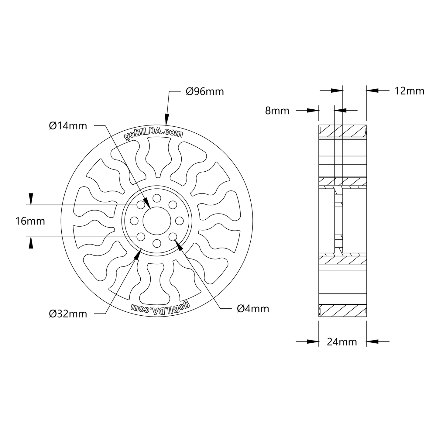 3613 Series Gecko® Wheel (14mm Bore, 96mm Diameter)