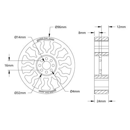 3613 Series Gecko® Wheel (14mm Bore, 96mm Diameter)