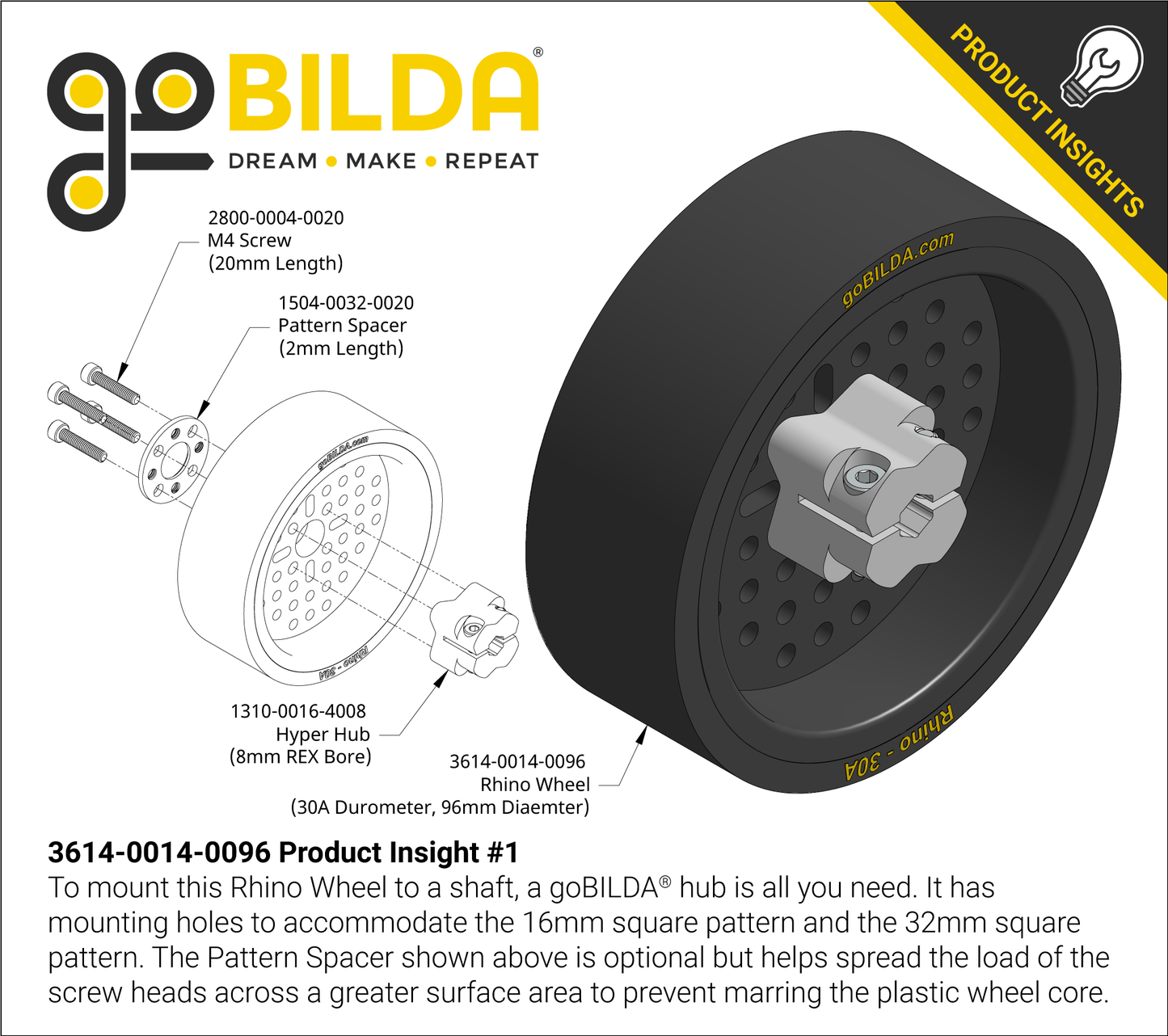 3614 Series Rhino Wheel (14mm Bore, 96mm Diameter, 30A Durometer)