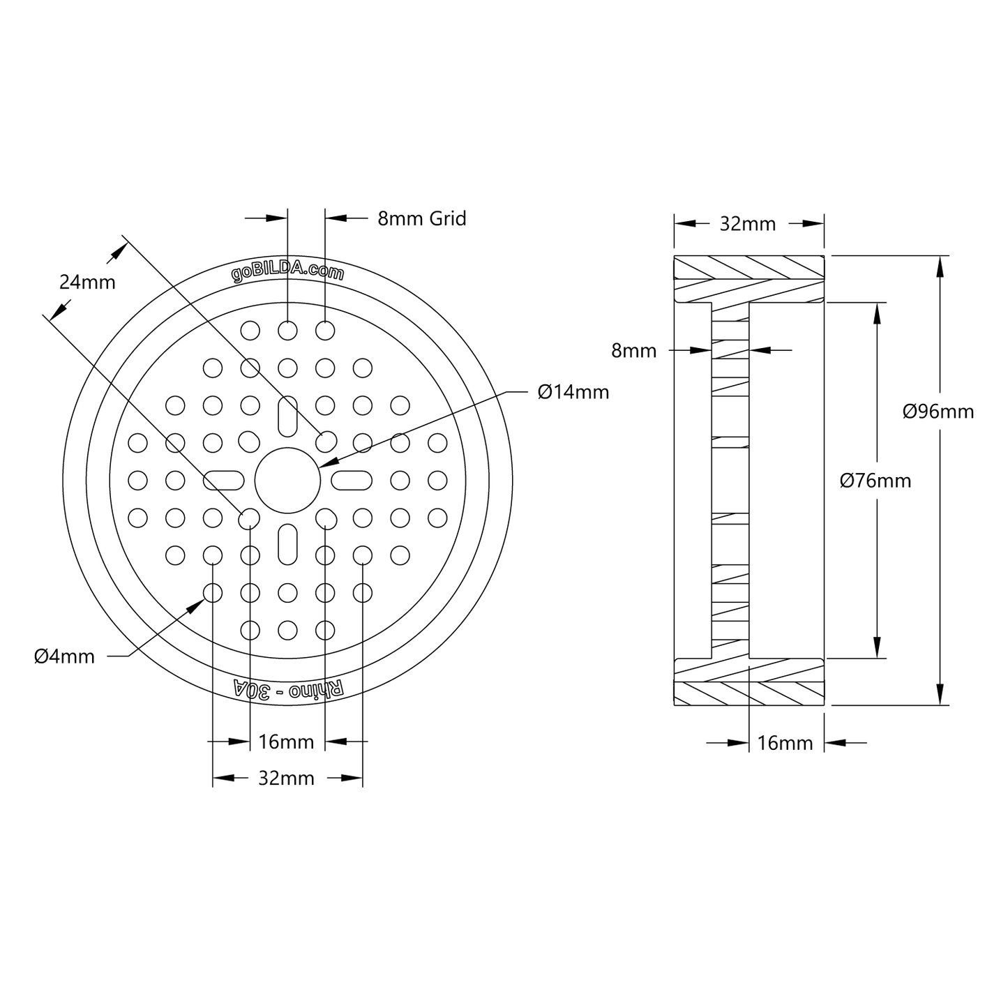 3614 Series Rhino Wheel (14mm Bore, 96mm Diameter, 30A Durometer)