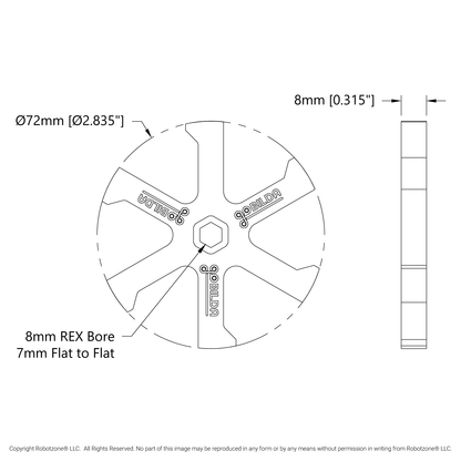 3615 Series Boot-Wheel (8mm REX™ Bore, 72mm Diameter, 30A Durometer)