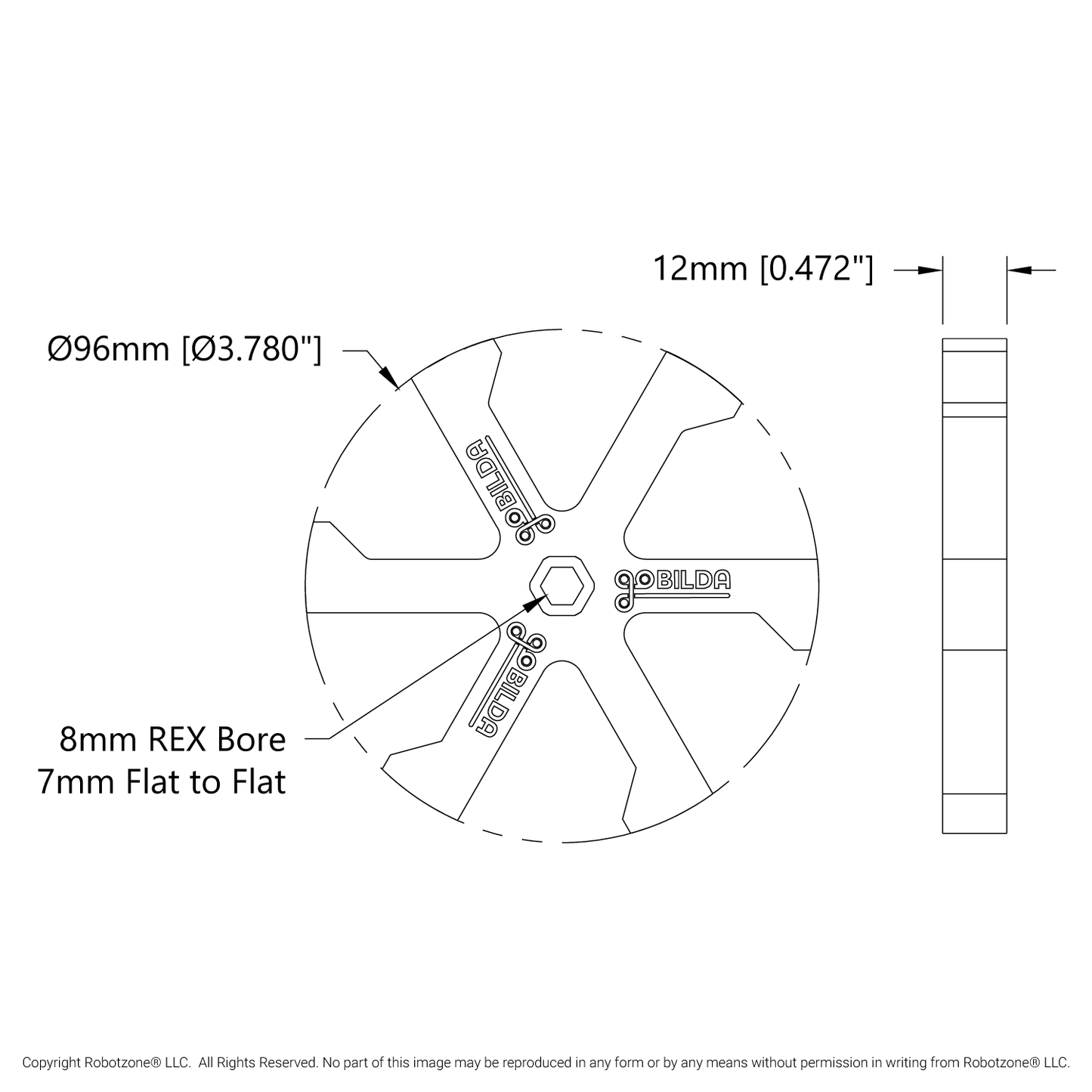 3615 Series Boot-Wheel (8mm REX™ Bore, 96mm Diameter, 30A Durometer)